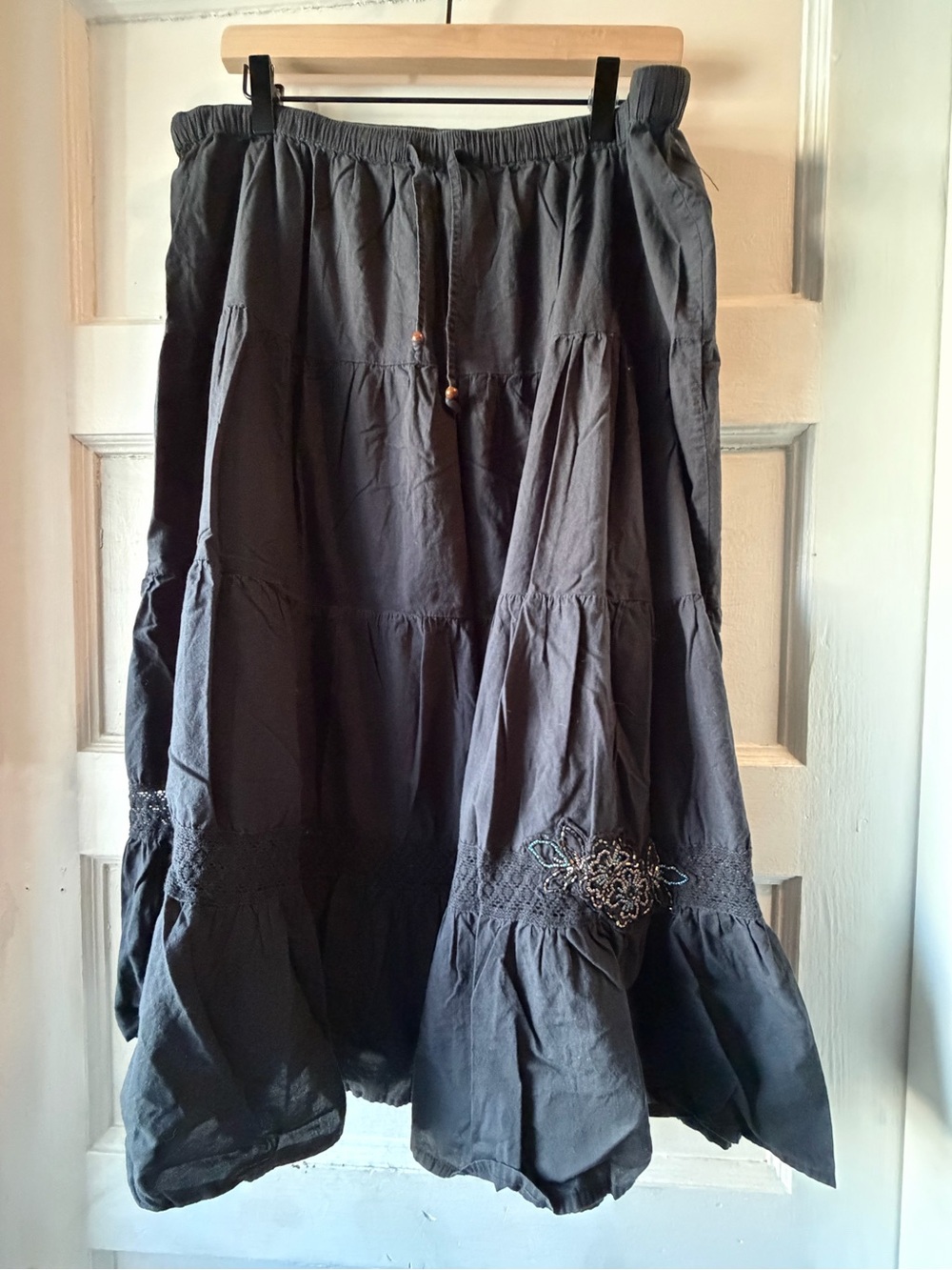 White Stag Black Tiered Maxi Skirt with Embroidered Accent